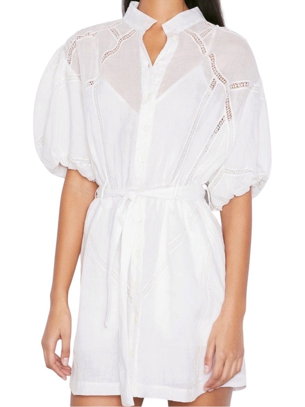 FRAME Ramie Inset Lace Puff Sleeve Button-Up Belted Mini Shirt Dress, Size M